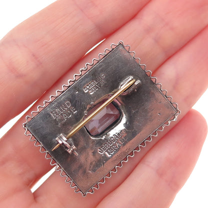 925 Sterling Silver Vintage Jerusalem Israel Blue Crystal Oxidized Pin Brooch