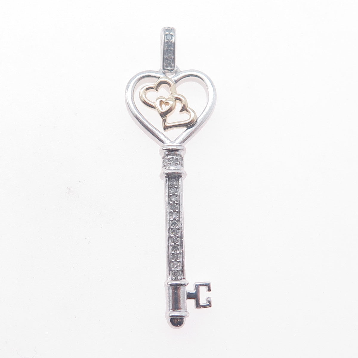 925 Sterling Silver 14K Gold Real Diamond Couple Heart Key Charm Pendant