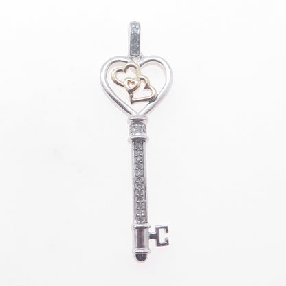 925 Sterling Silver 14K Gold Real Diamond Couple Heart Key Charm Pendant