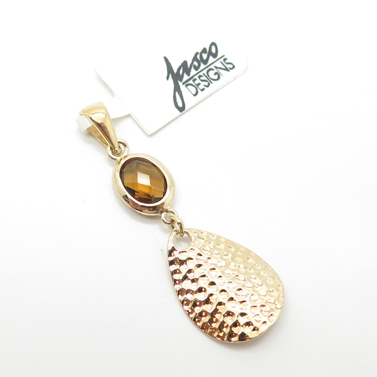 925 Sterling Silver Gold Plated Real Citrine Gemstone Hammered Finish Pendant