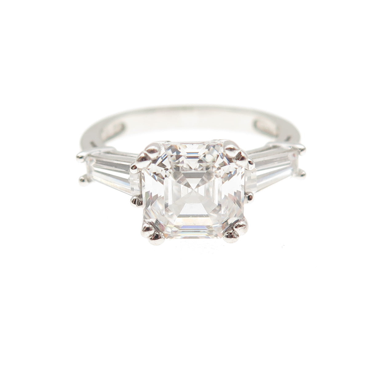925 Sterling Silver Asscher & Tapered Baguette-Cut C Z Engagement Ring Size 5.25