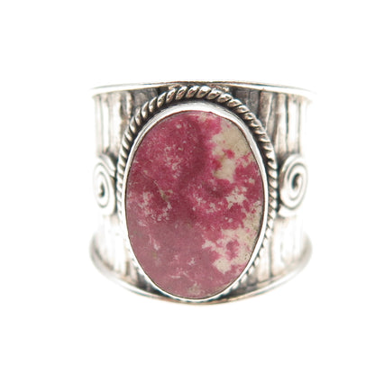 925 Sterling Silver Vintage Real Thulite Spiral Oxidized Ring Size 7.5