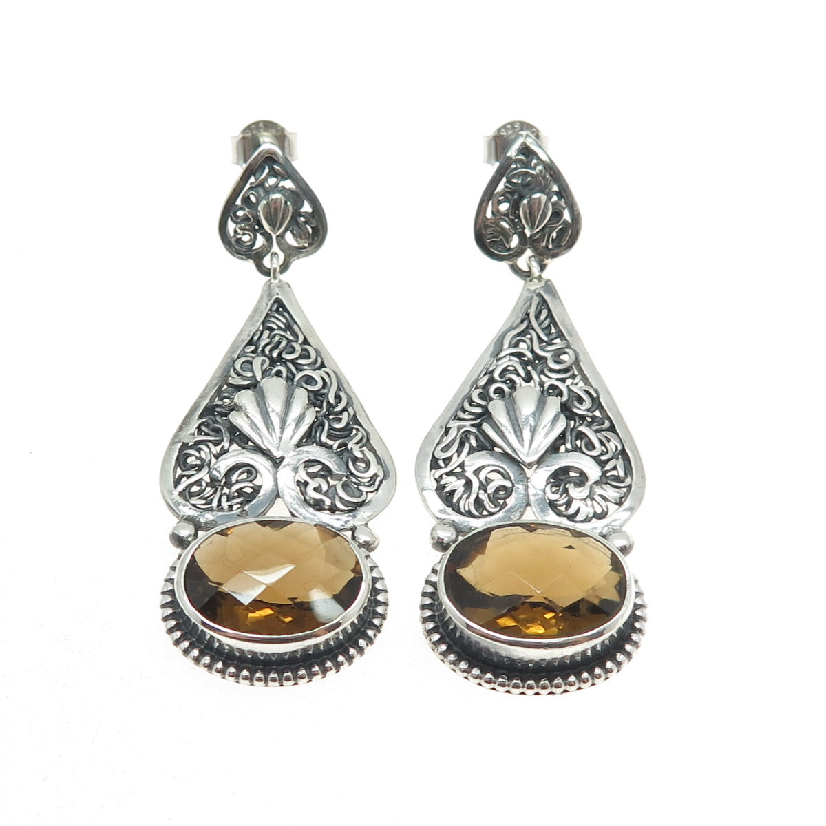 925 Sterling Silver Vintage Real Citrine Filigree Seashell Dangling Earrings