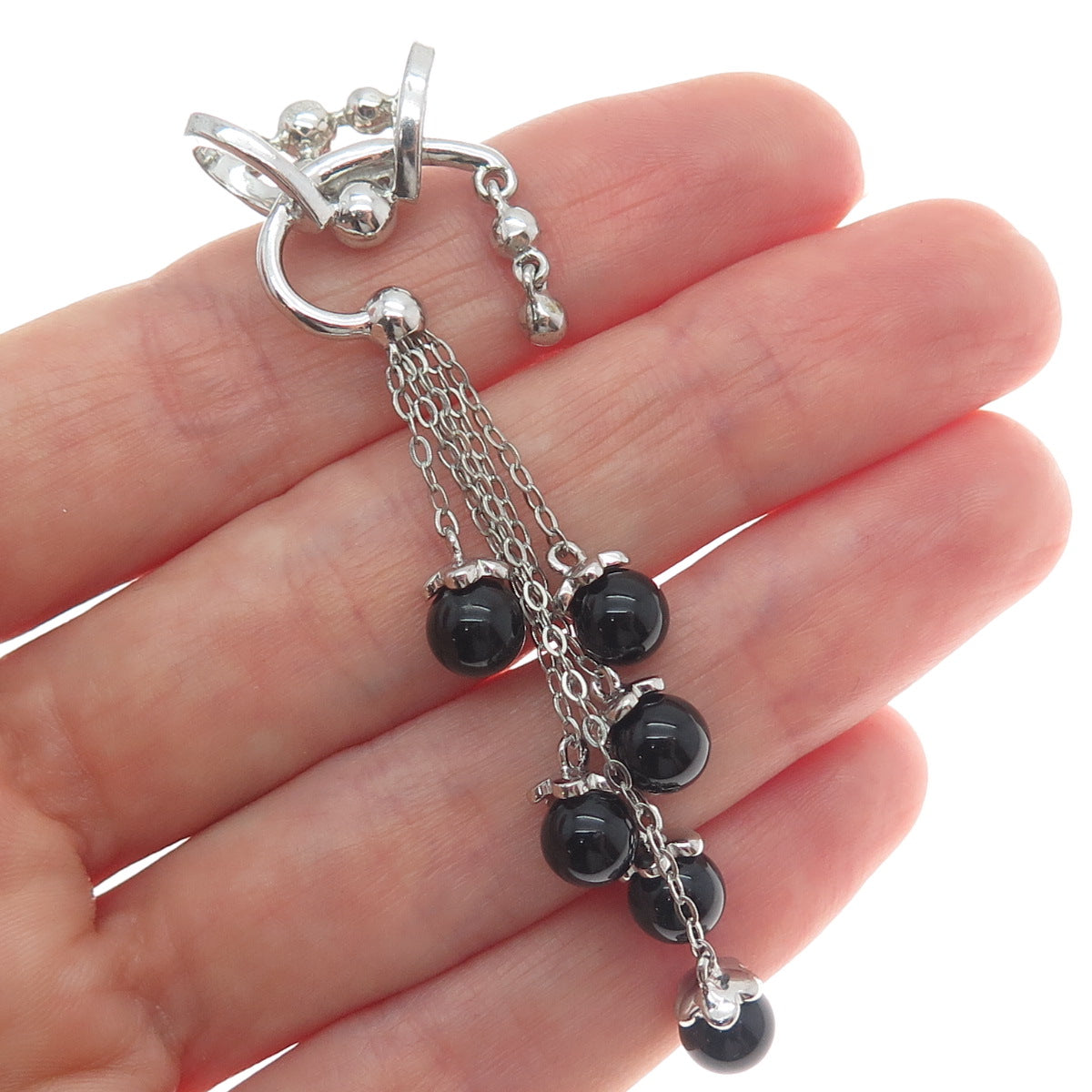 925 Sterling Silver Vintage Real Black Onyx Beads Tassel Dangle Pendant