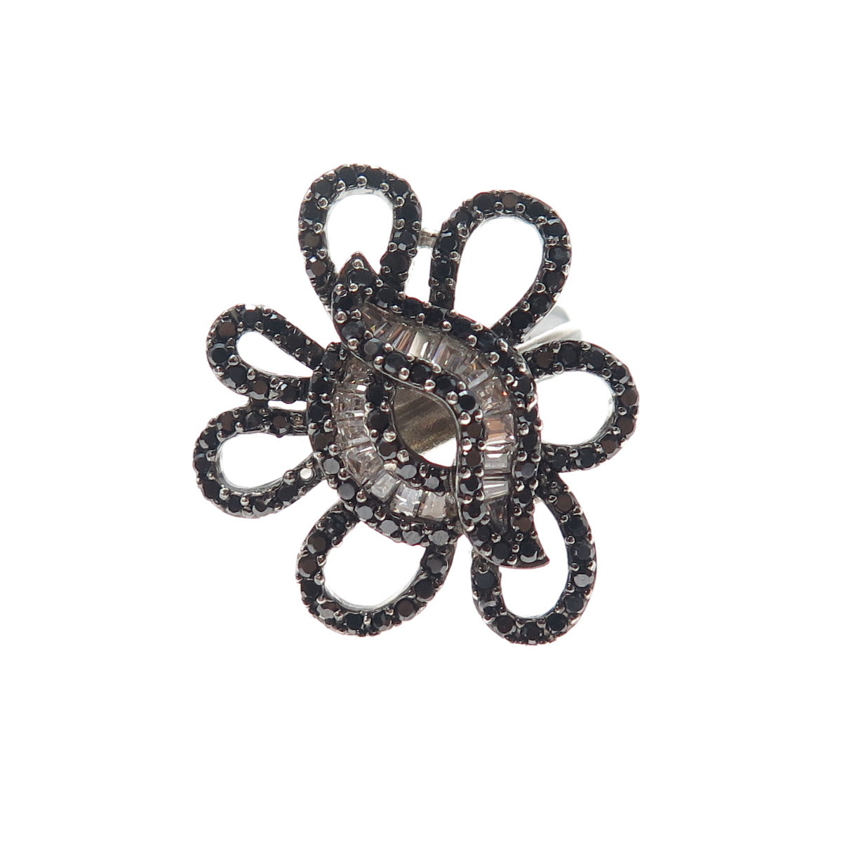 925 Sterling Silver Real Black Spinel & C Z Modernist Flower Ring Size 6.25