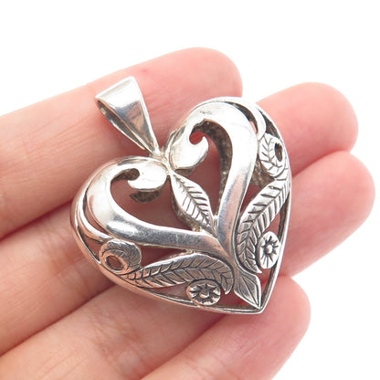 MORNING SUN 925 Sterling Silver Vintage Ornate Flower Heart Pendant