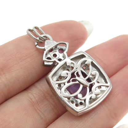 SAI 925 Sterling Silver Vintage Real White Sapphire & Amethyst Gemstone Pendant