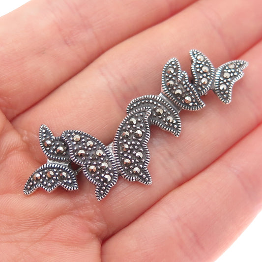 925 Sterling Silver Vintage Real Marcasite Butterfly Oxidized Pin Brooch