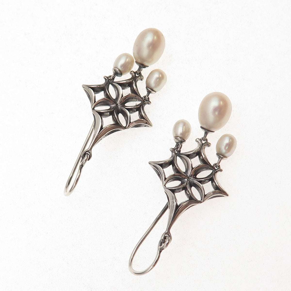 Ann King 925 Sterling Silver Vintage Real Pearl Floral Oxidized Dangle Earrings