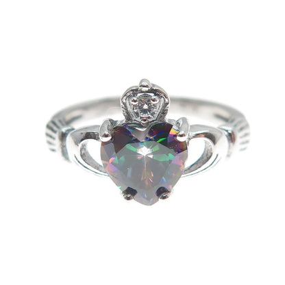 925 Sterling Silver Heart-Cut Mystic Quartz & C Z Irish Claddagh Ring Size 5