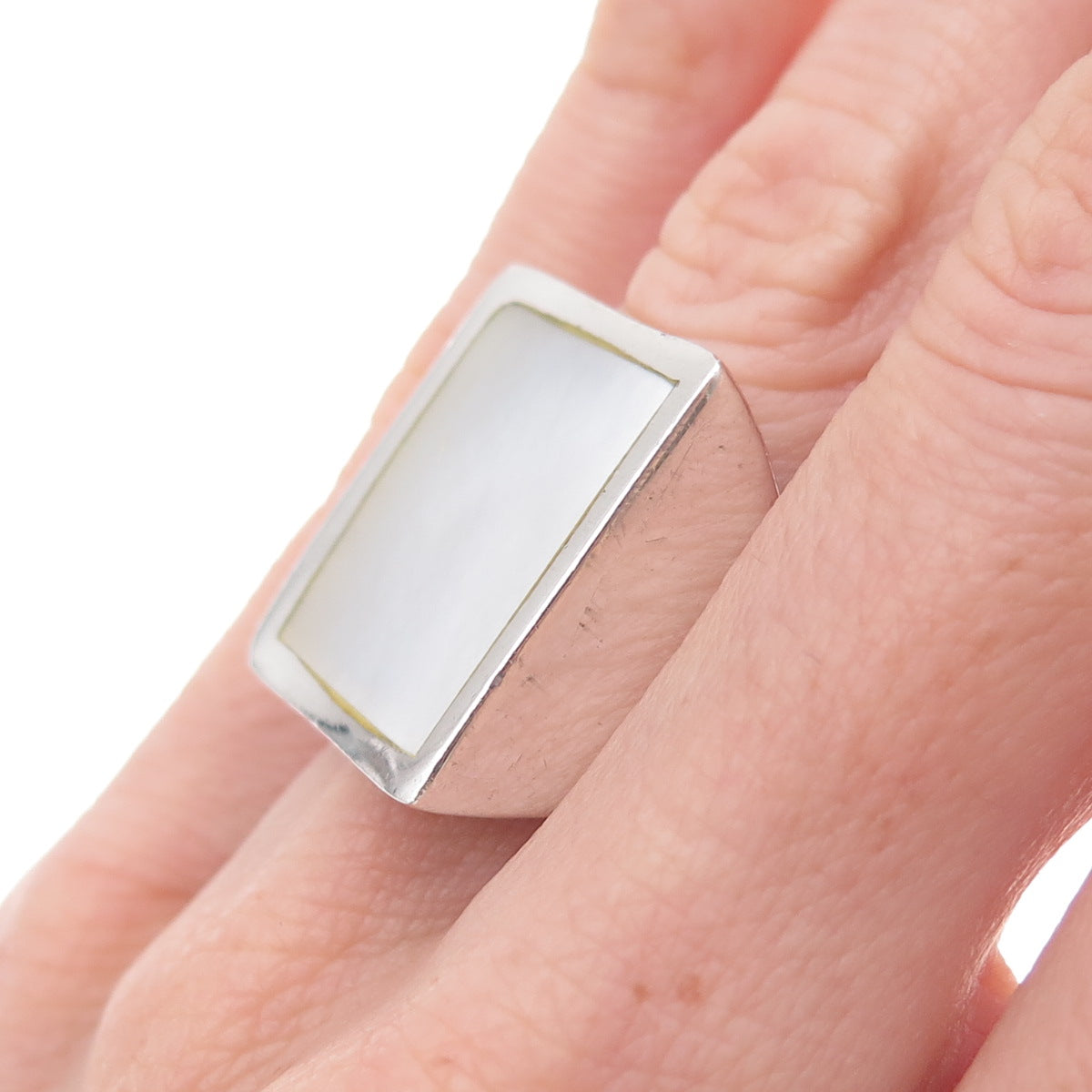 Collins 925 Sterling Silver Vintage Real MOP Modernist Oxidized Ring Size 6