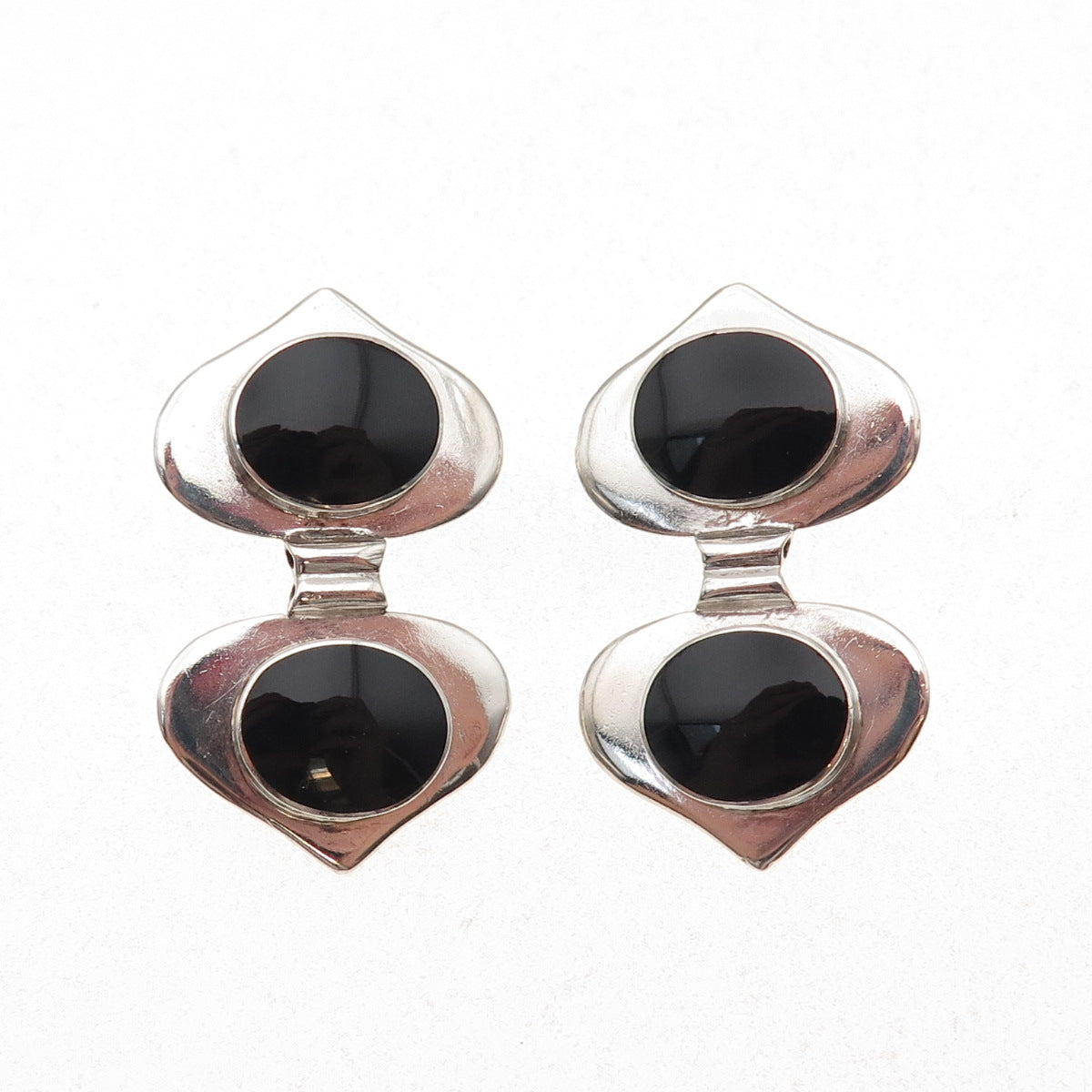 925 Sterling Silver Vintage Real Black Onyx Double Heart Oxidized Earrings