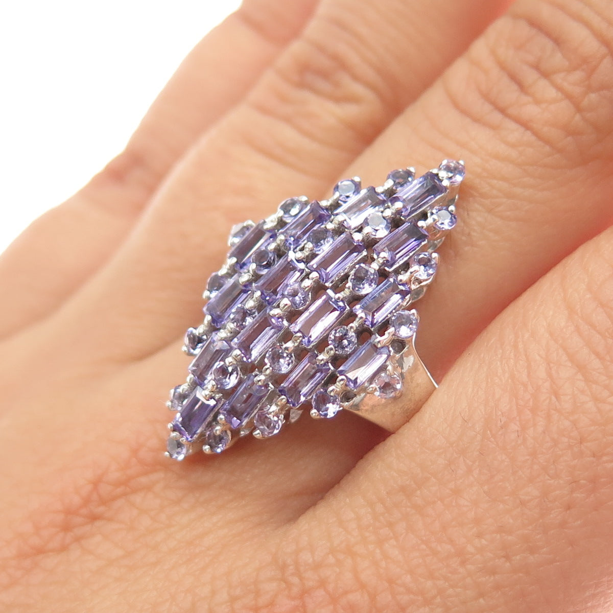 925 Sterling Silver Vintage Real Round & Emerald-Cut Amethyst Ring Size 8.25