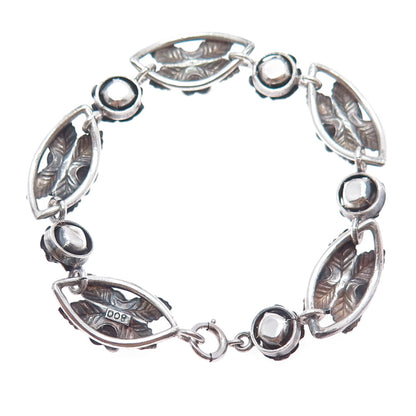 800 Silver Antique Art Deco Clover Flower Oxidized Link Bracelet 7.25"