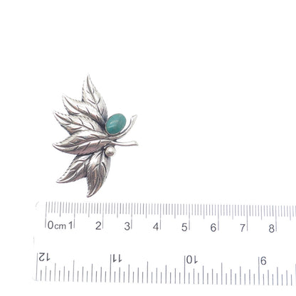 925 Sterling Silver Vintage Real Kingman Turquoise Floral Leaf Oxidized Brooch
