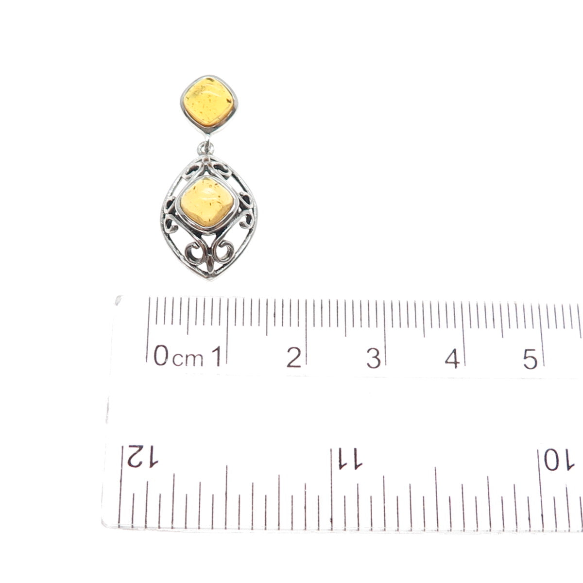 925 Sterling Silver Old Stock Vintage Real Amber Ornate Slide Charm Pendant