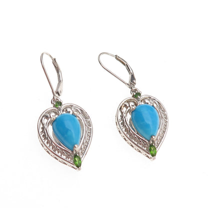 Chuck Clemency 925 Sterling Silver Real Turquoise Peridot Heart Dangle Earrings