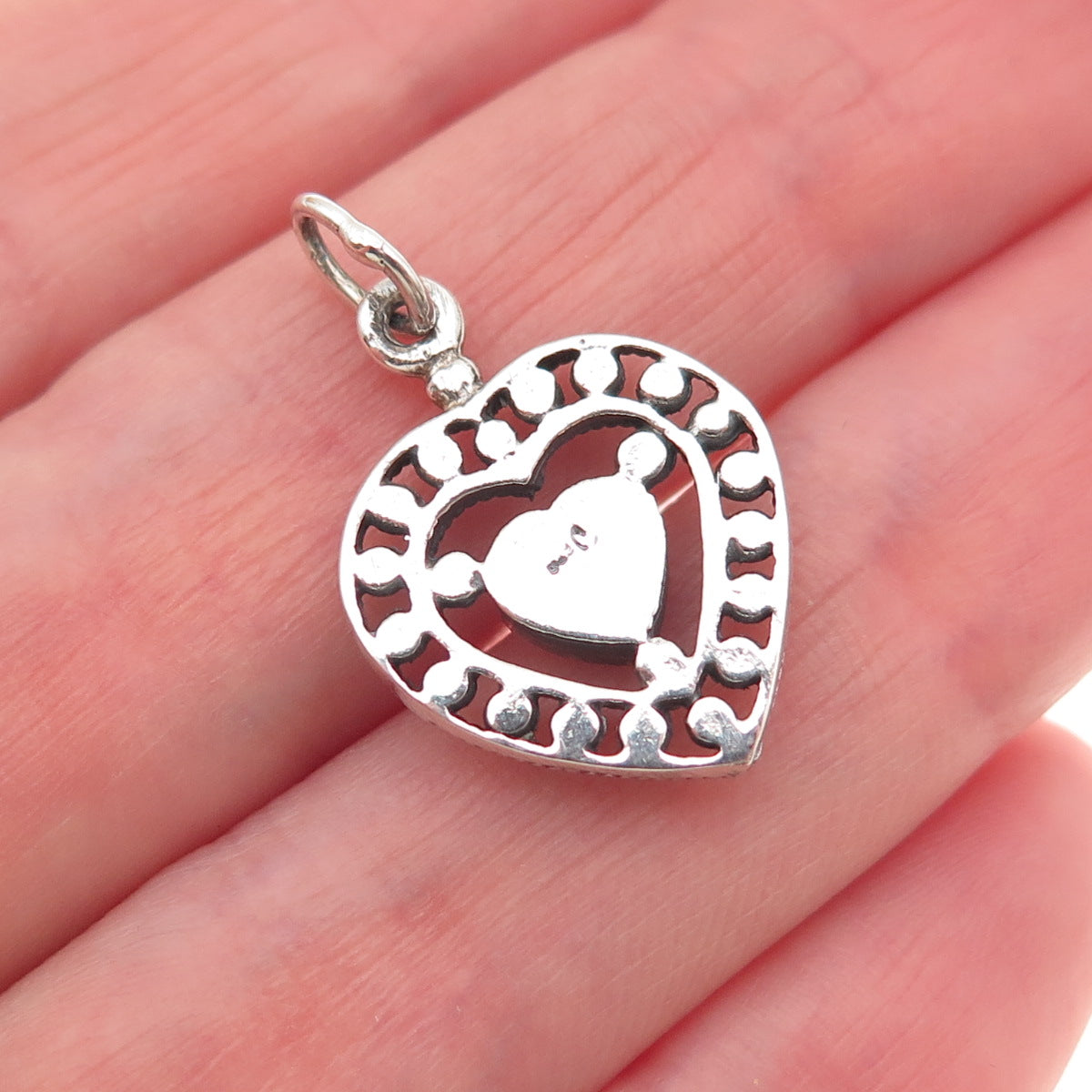 925 Sterling Silver Vintage Real MOP Heart Oxidized Beaded Mini Charm Pendant