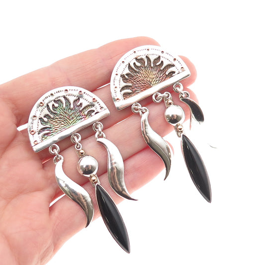 925 Sterling 2-Tone Vintage Real Black Onyx Sunrise Modernist Dangle Earrings