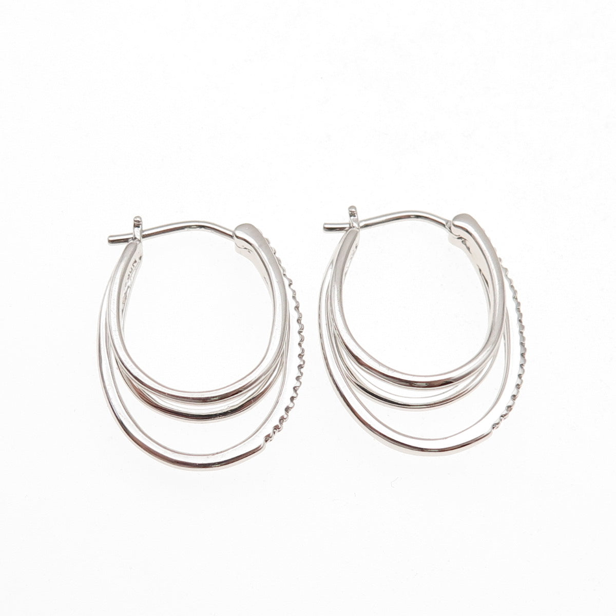 Sun 925 Sterling Silver Real Round-Cut Diamond 3-Row Hoop Earrings