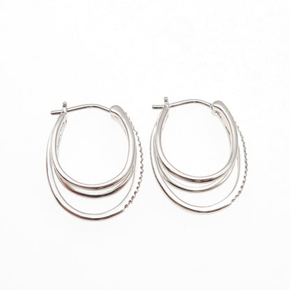 Sun 925 Sterling Silver Real Round-Cut Diamond 3-Row Hoop Earrings