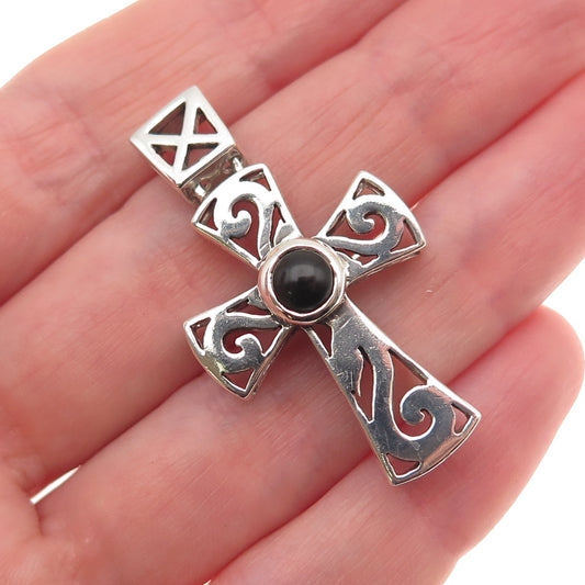 925 Sterling Silver Vintage Real Black Onyx Spiral Cross Charm Pendant