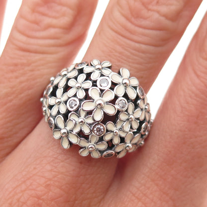 Pandora 925 Sterling Silver Enamel & C Z Darling Daisy Bouquet Ring Size 9.25