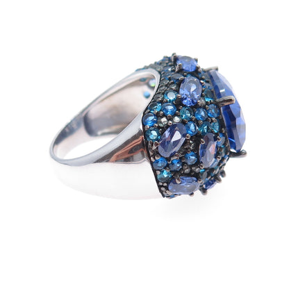 FADI 925 Sterling Silver Oval & Round-Cut Blue C Z Cluster Ring Size 8