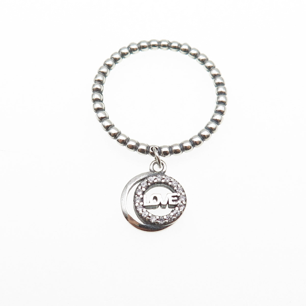 925 Sterling Silver Round-Cut C Z Love Dangle Charm Beaded Band Ring Size 7.75