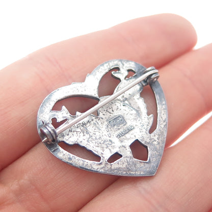 CORO 925 Sterling Silver Antique Art Deco Dove Bird Heart Oxidized Pin Brooch