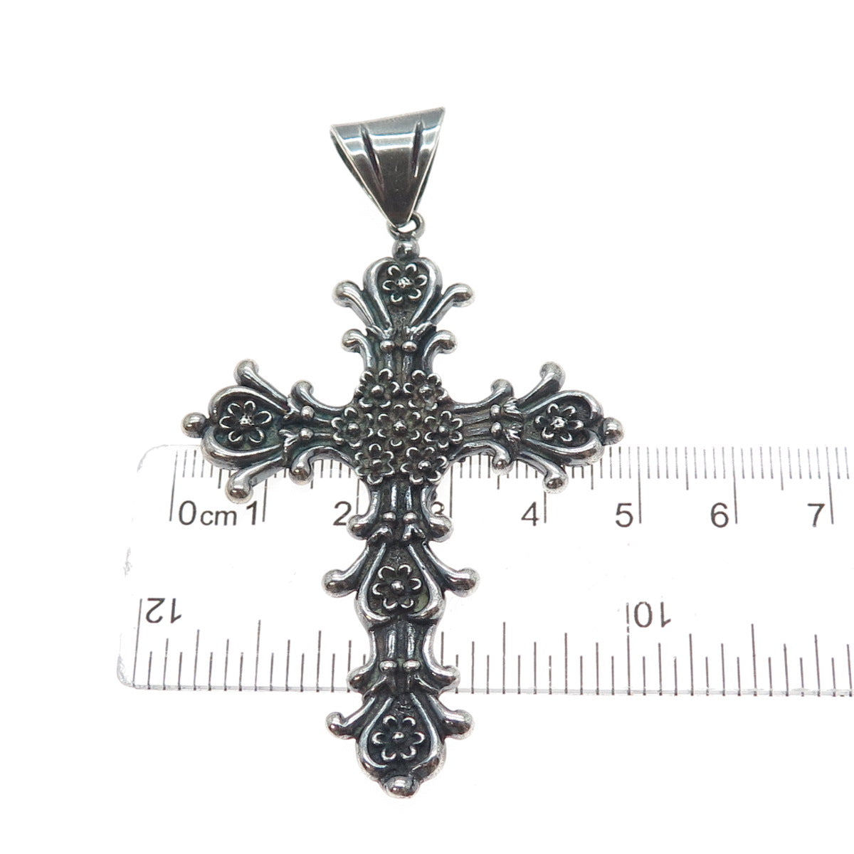925 Sterling Silver Vintage Mexico Flower Cross Oxidized Charm Pendant