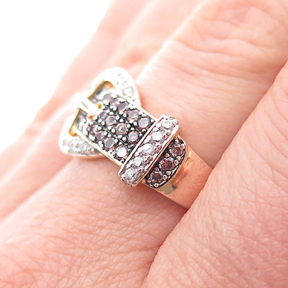 ROSS SIMONS Sterling Silver Gold Plated Cognac & White C Z Buckle Ring Size 7