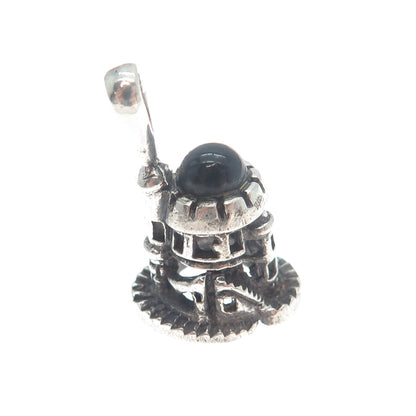 925 Sterling Silver Vintage Onyx Tower of David Oxidized Mini 3D Charm Pendant