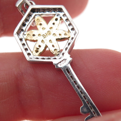 925 Sterling Silver 2-Tone Real Round-Cut Diamond Floral Key Charm Pendant