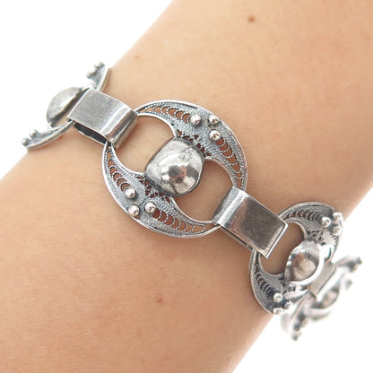 925 Sterling Silver Antique Art Deco Filigree Beaded Oxidized Link Bracelet 7.5"