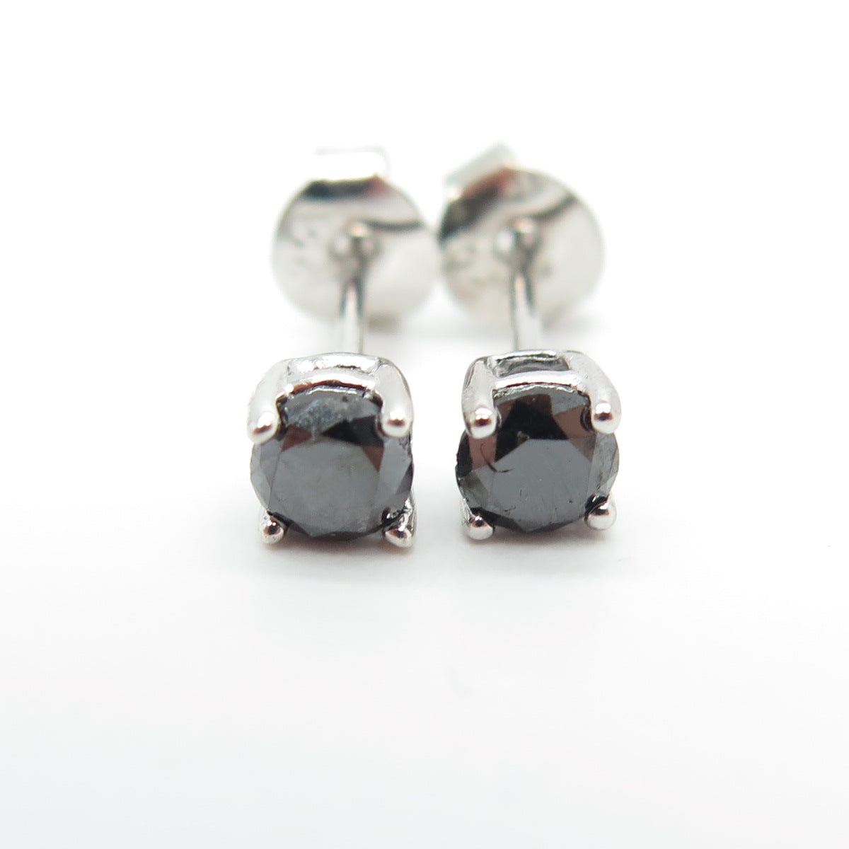 925 Sterling Silver Real Round-Cut Black Diamond Stud Earrings