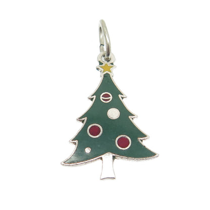 BEAU 925 Sterling Silver Antique Colorful Enamel Christmas Tree Charm Pendant