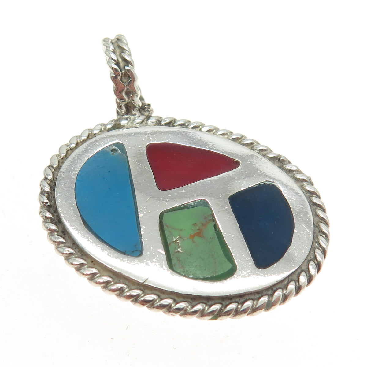 ATI 925 Sterling Silver Vintage Mexico Real Turquoise Gemstone & Enamel Pendant