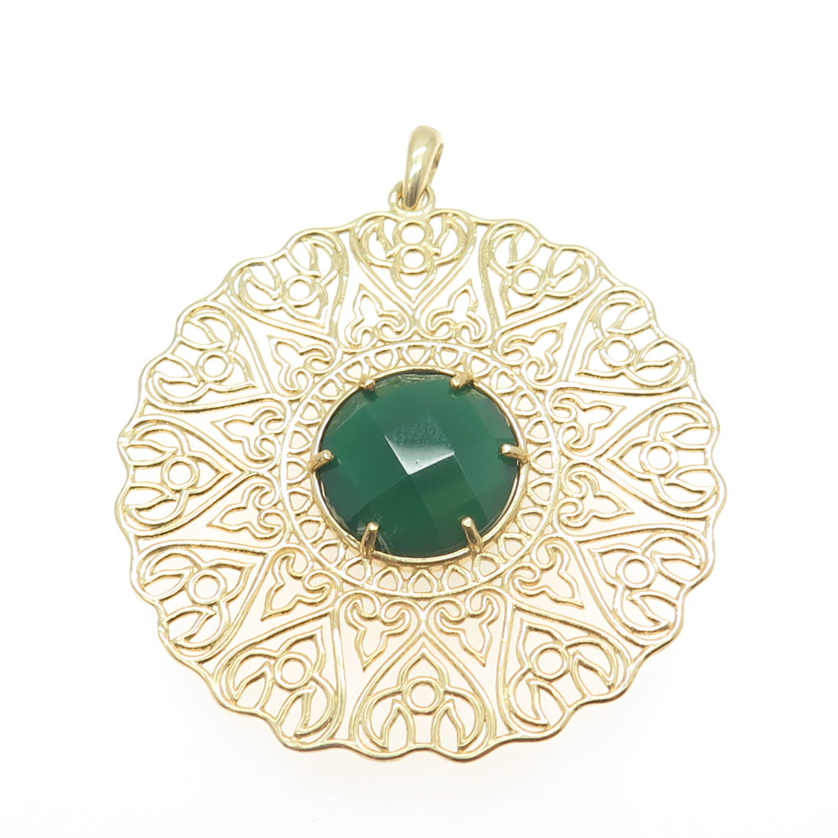 LIRM 925 Sterling Silver Gold Plated Real Green Onyx Fleur de Lis Round Pendant