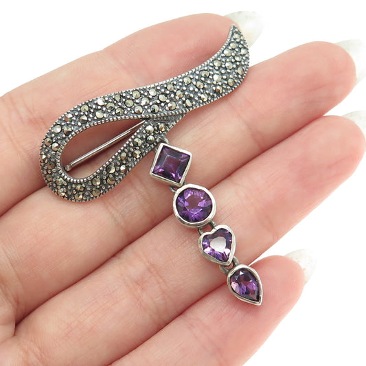 925 Sterling Silver Vintage Real Amethyst & Marcasite Wavy Modernist Pin Brooch