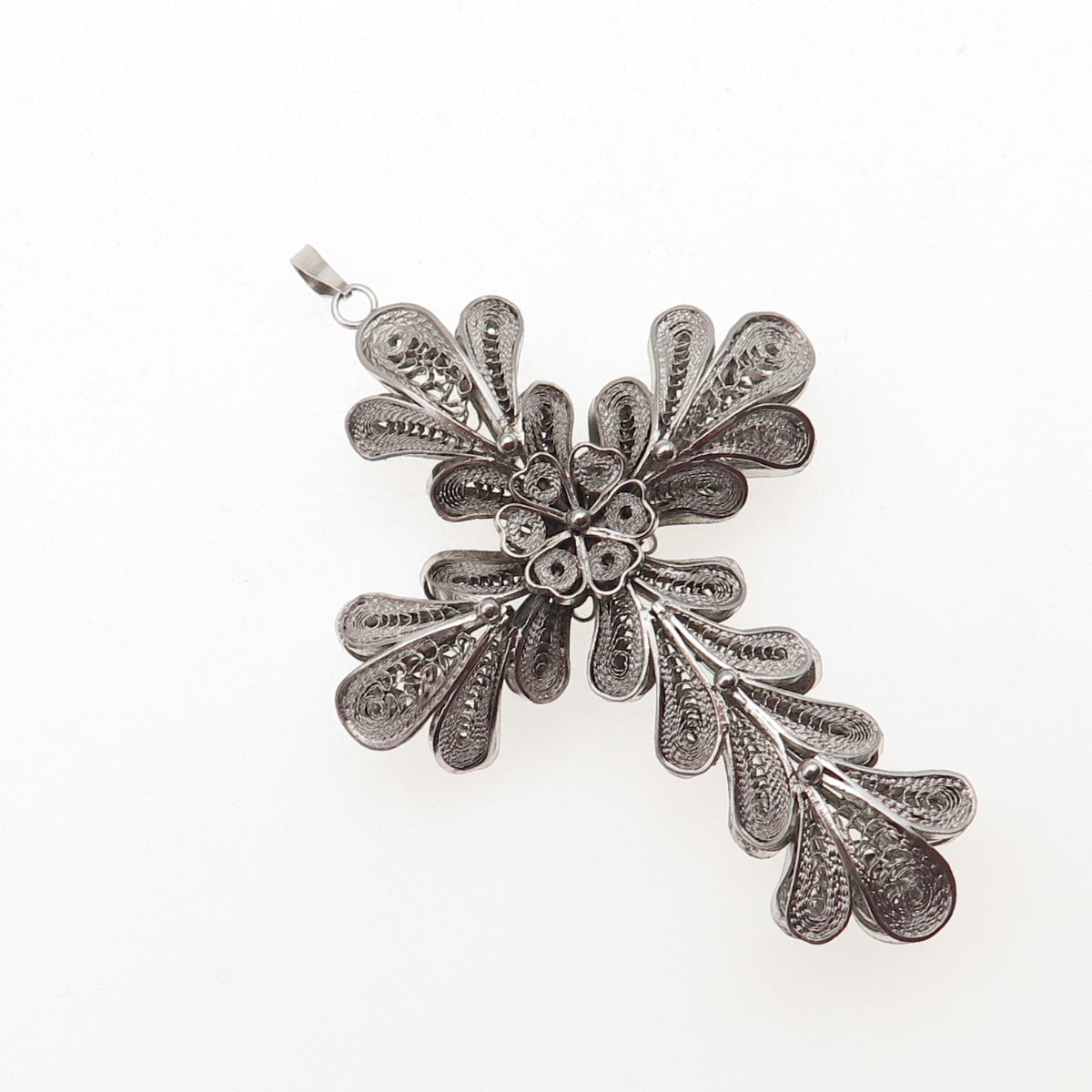 925 Sterling Silver Antique Art Deco Cross Floral Filigree Oxidized Pendant