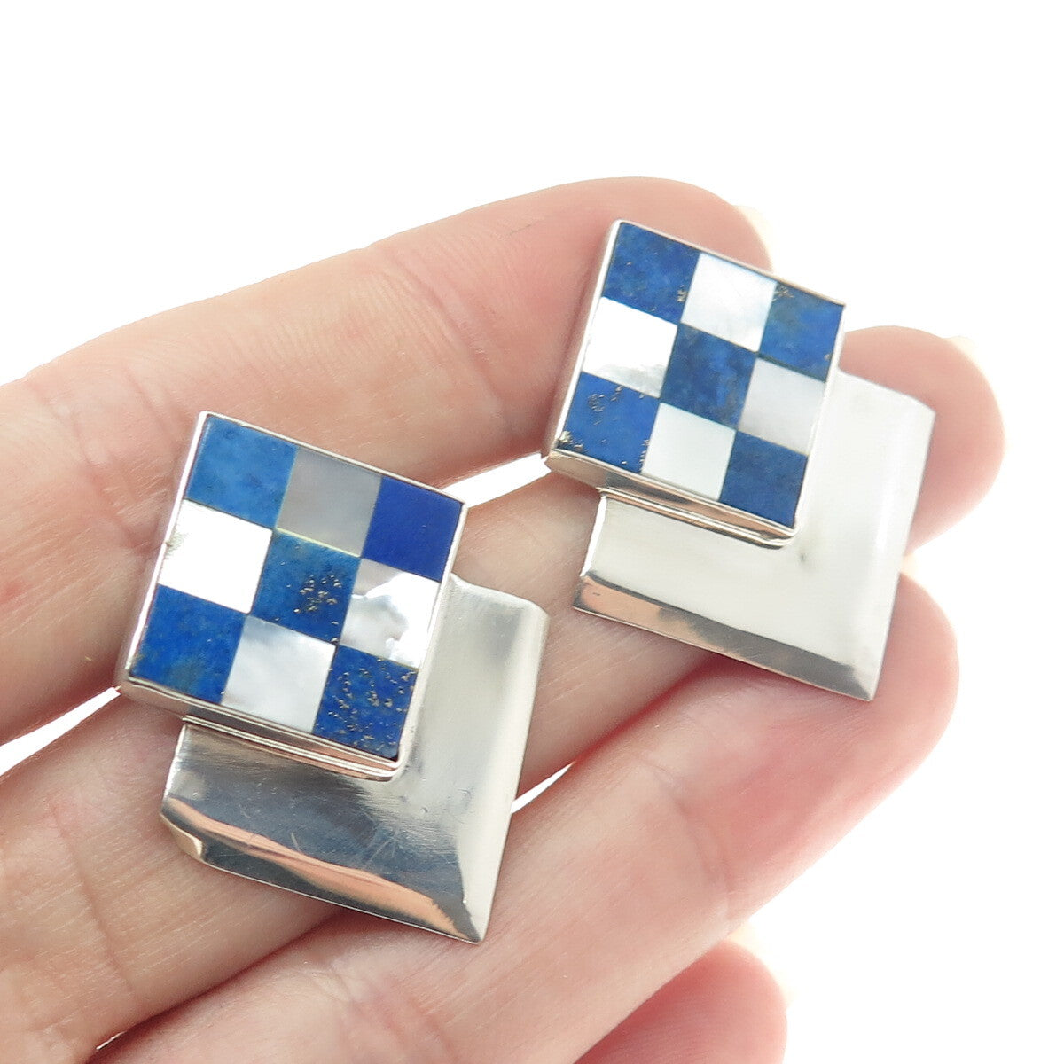 GREAT FALLS METAL WORKS 925 Sterling Silver Vintage MOP & Lapis Lazuli Earrings