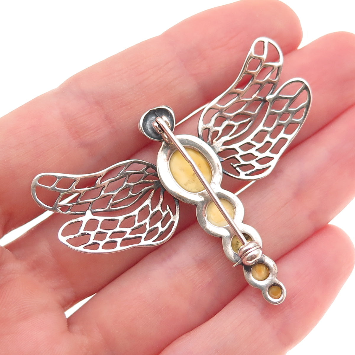 925 Sterling Silver Vintage Real Butterscotch Amber Dragonfly Pin Brooch