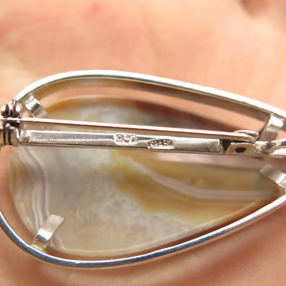 925 Sterling Silver Vintage Israel Real Agate Gemstone Pin Brooch