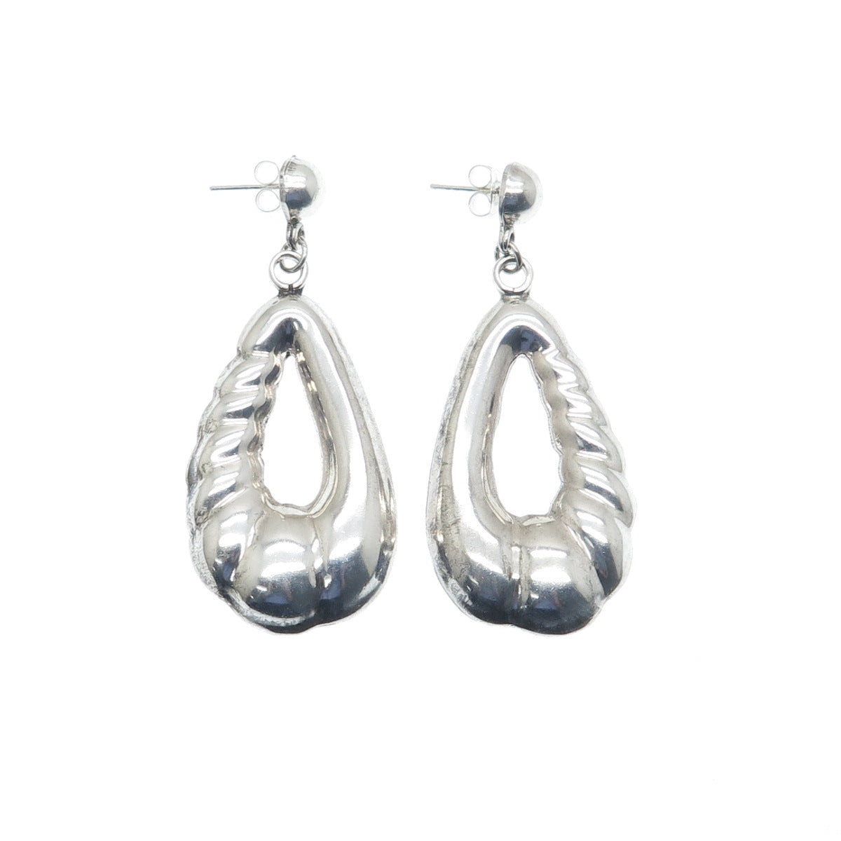 925 Sterling Silver Vintage Mexico Modernist Puffy Teardrop Dangle Earrings