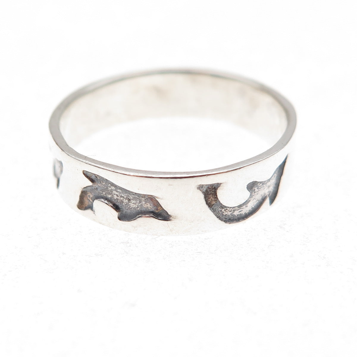 925 Sterling Silver Vintage Dolphin Oxidized Band Ring Size 6.75