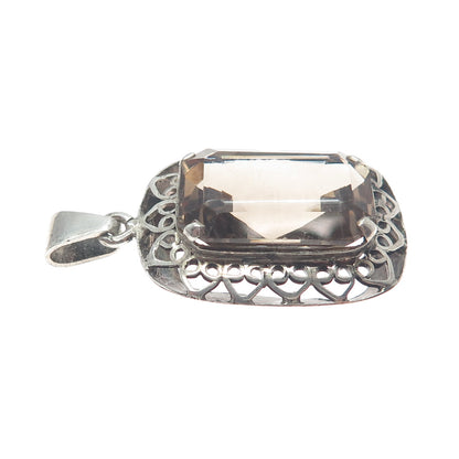 925 Sterling Silver Vintage Real Emerald-Cut Smoky Quartz Heart Link Pendant