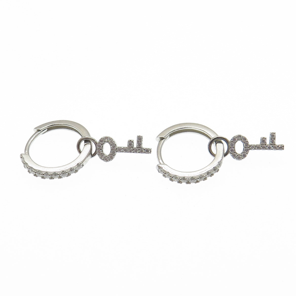 HAN 925 Sterling Silver Round-Cut C Z Key Charm Hoop Earrings