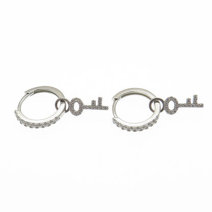 HAN 925 Sterling Silver Round-Cut C Z Key Charm Hoop Earrings