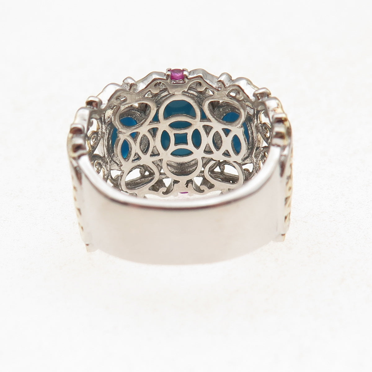 Chuck Clemency 925 Sterling Silver 2-Tone Real Turquoise & Ruby Ring Size 8.5